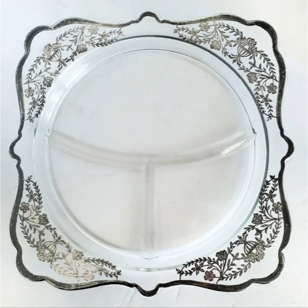 Vintage Imperial Glass Art Deco Silver Overlay Divided Grill Plate 10